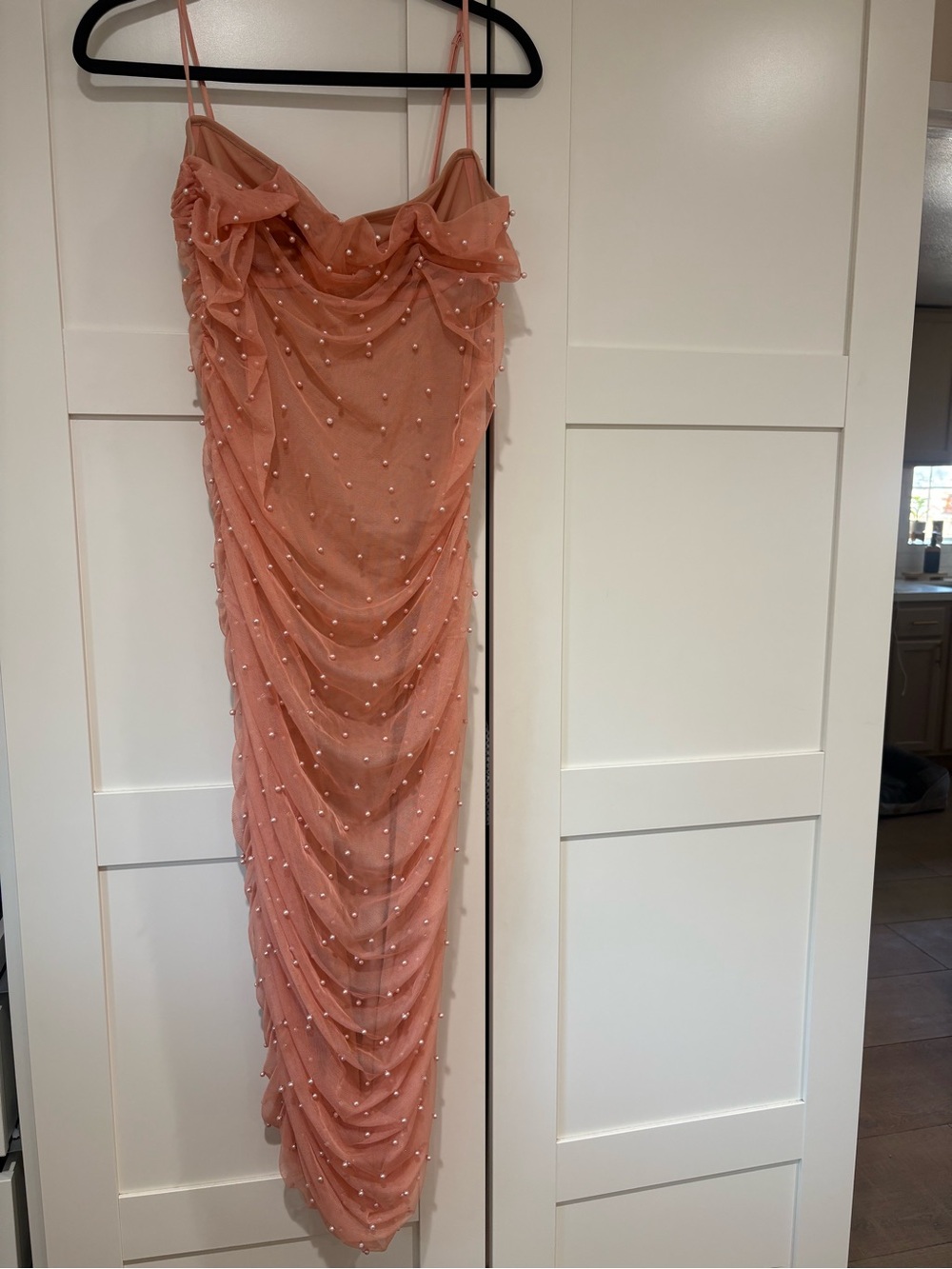 Pearl-Embellished Peach Ruched dress